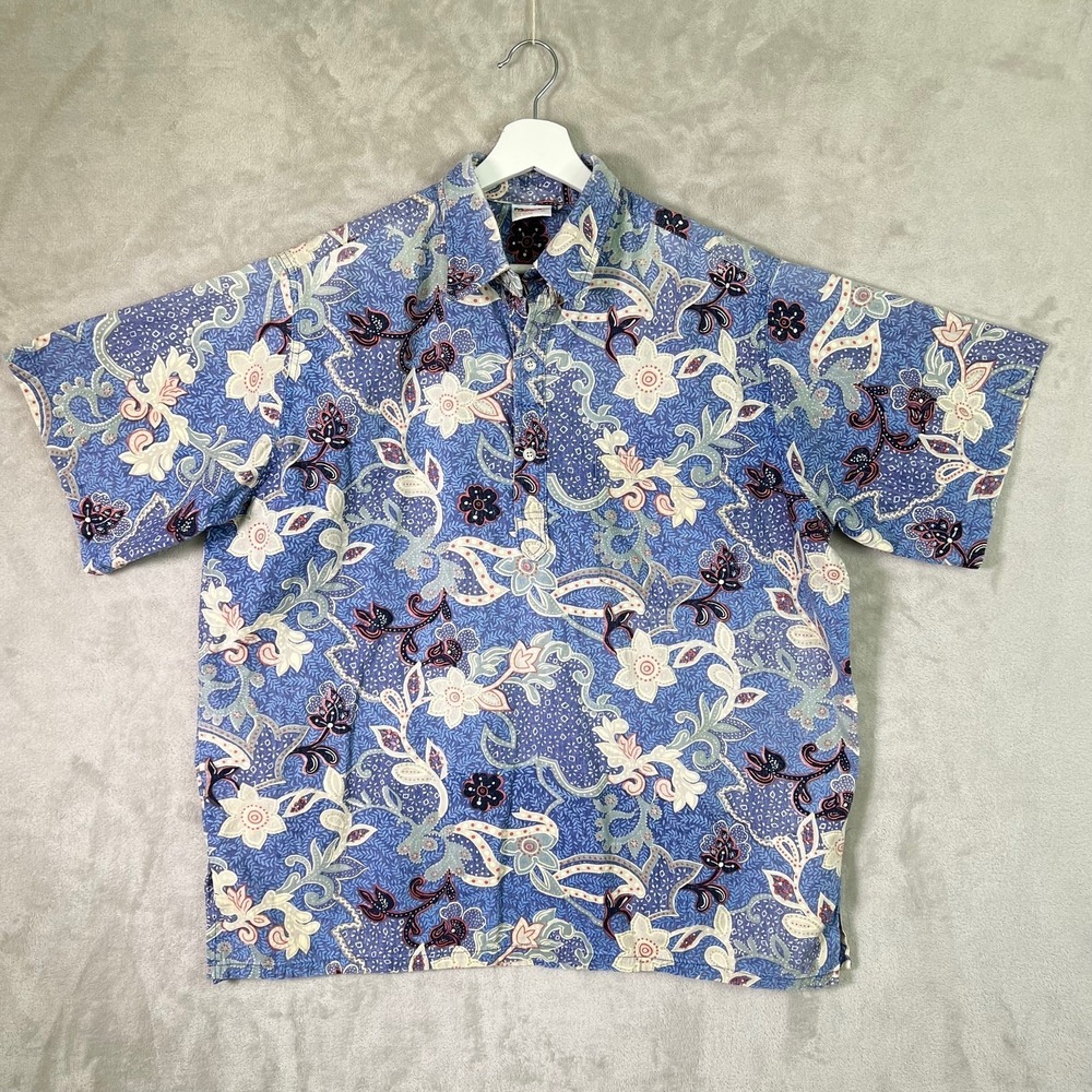 Vtg Go Barefoot Hawaiian Shirt Henley Men XL Blue Reverse Print Popover USA *RD